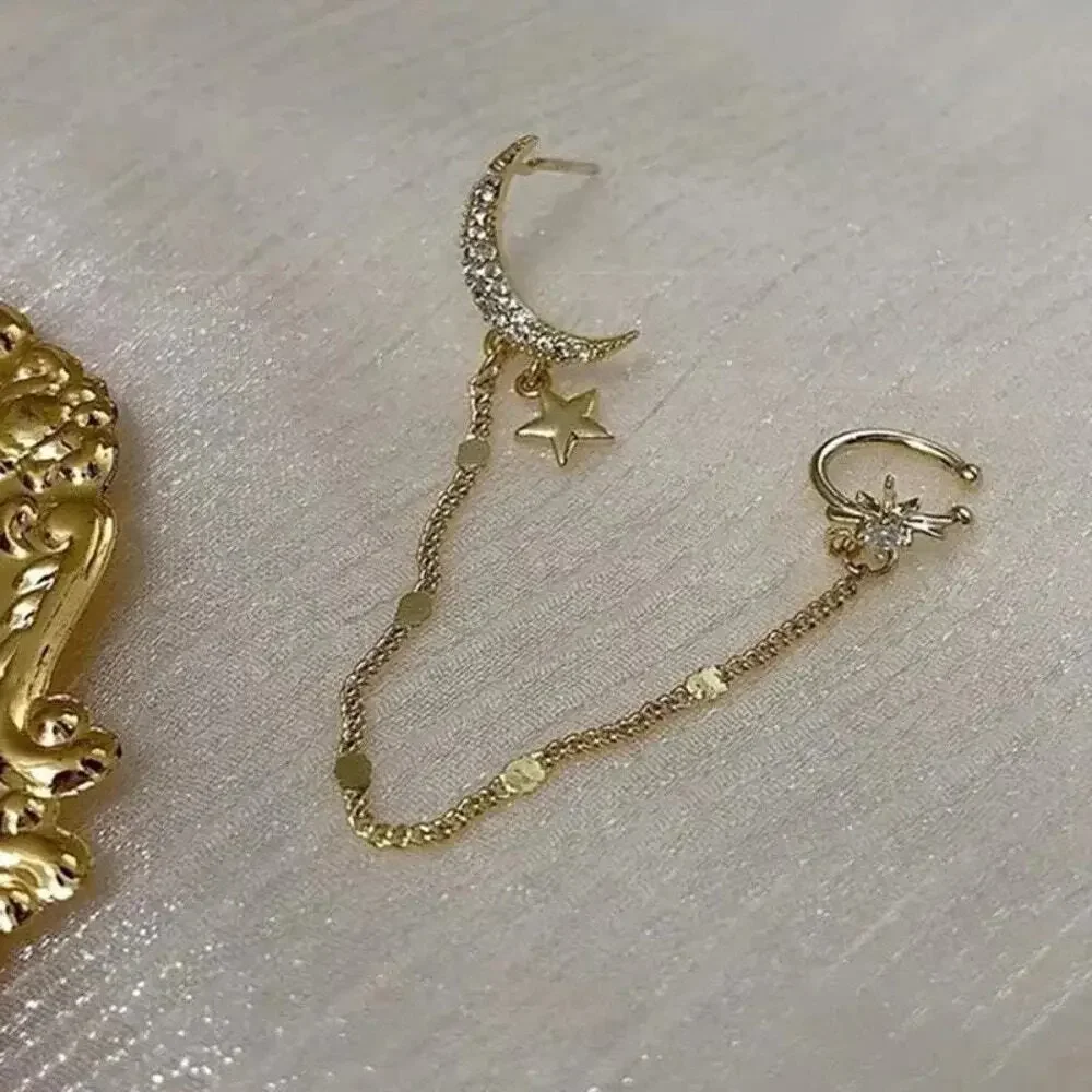 Boho Golden Crescent Moon and Stars Dreamer Cuff Swing Chain Earrings Gold A0128